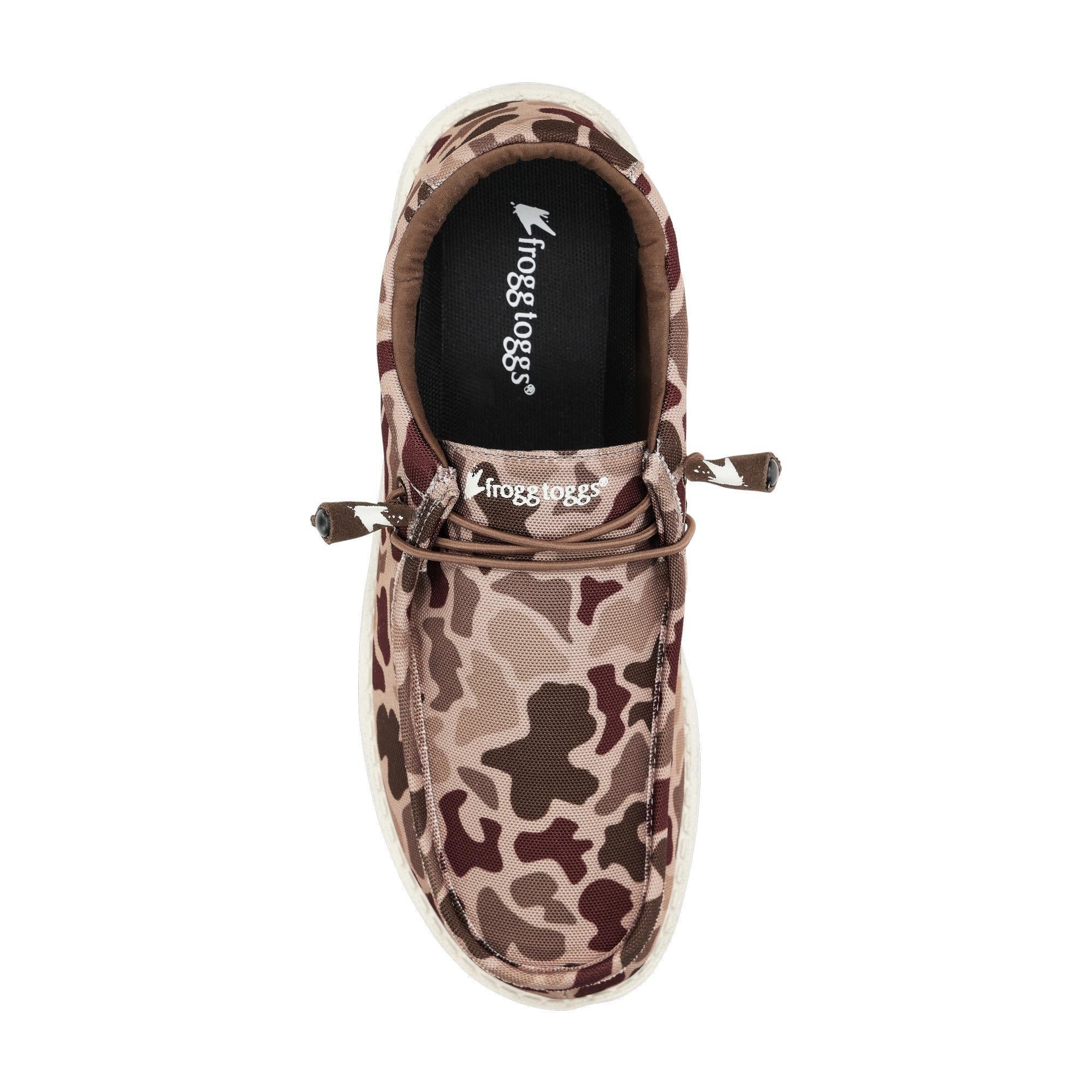 Camouflage-patterned shoe with 'Frogg Toggs' branding on a white background