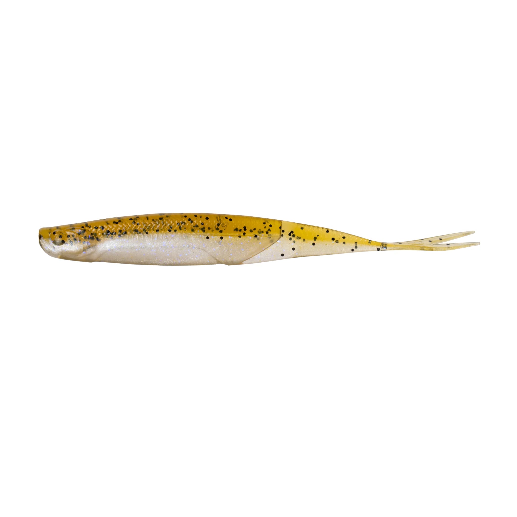 Yellow and black speckled fishing lure on a white background