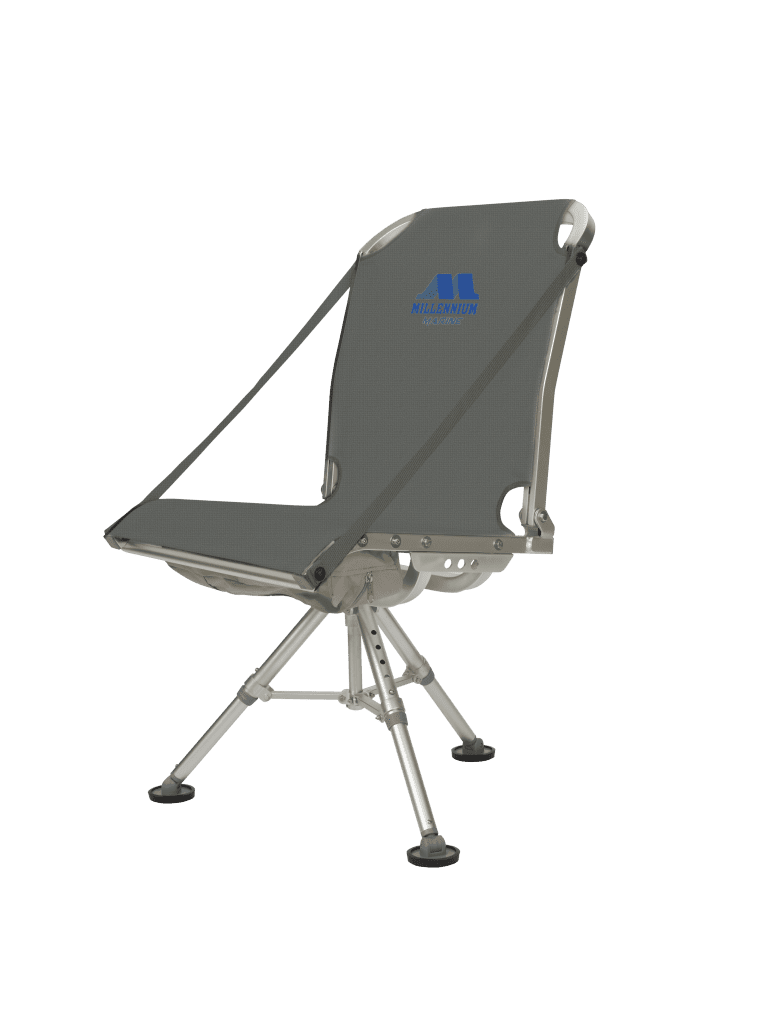 Gray folding chair with a brand logo on a transparent background
