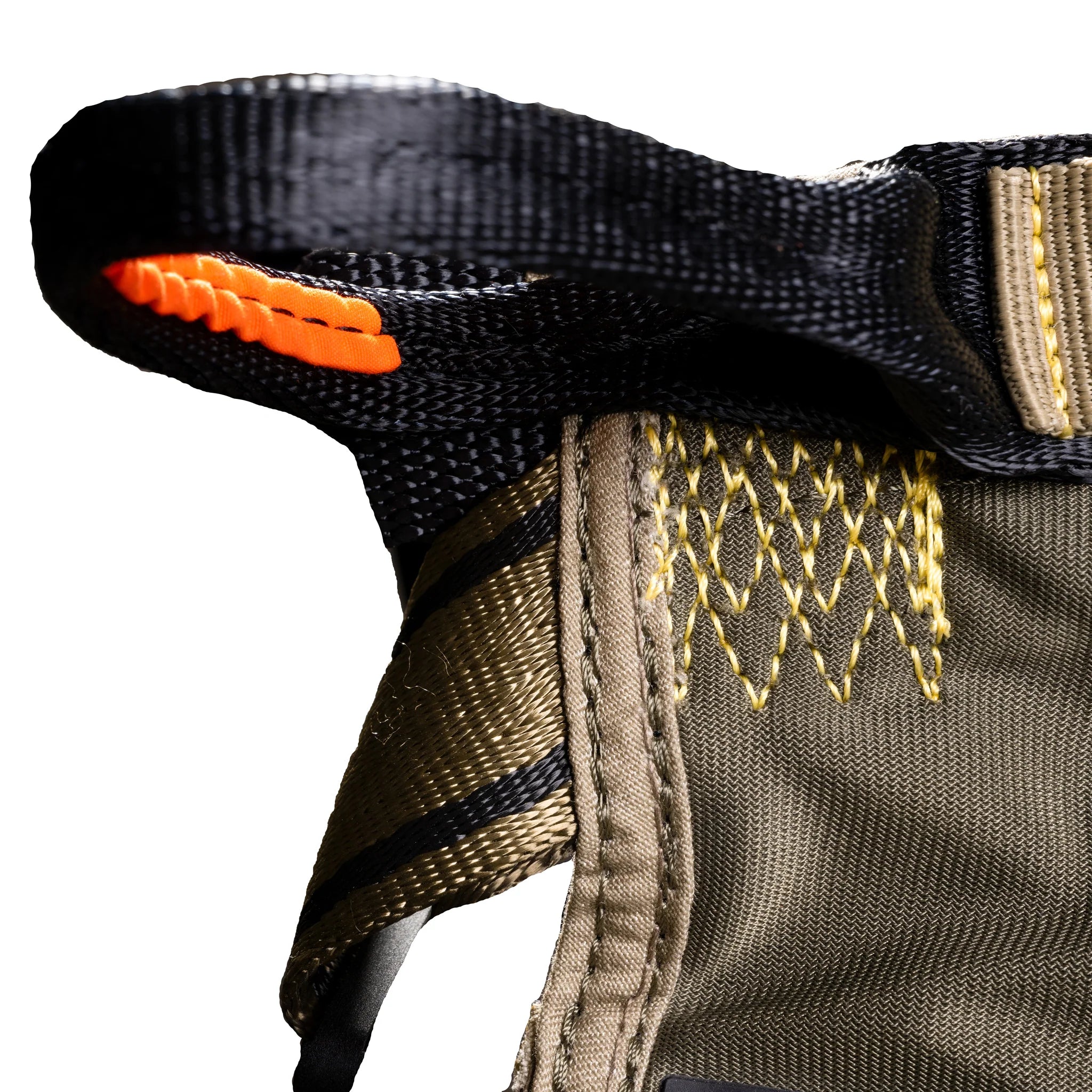 Close-up of a tactical belt with orange stitching on a white background