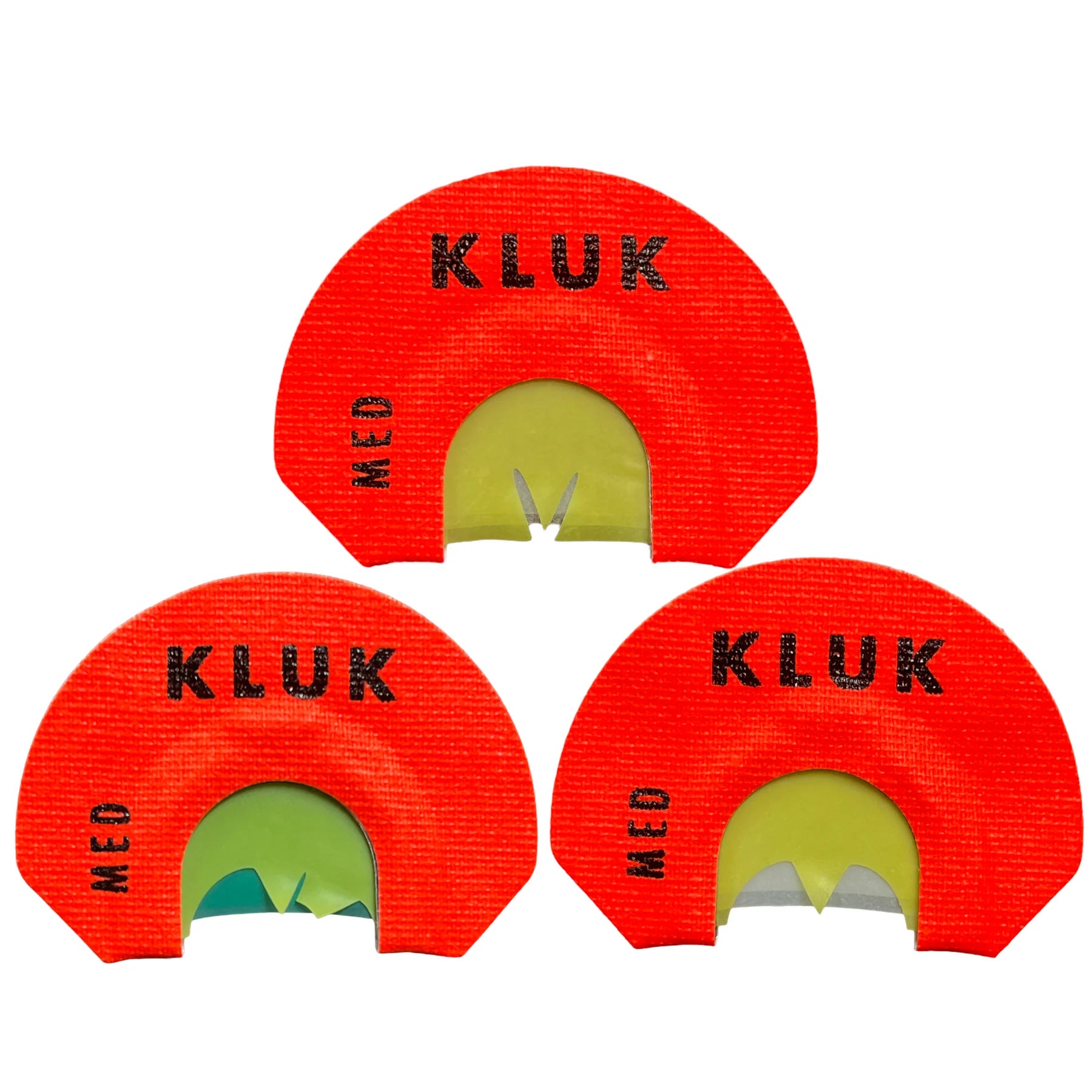 Three red KLUK hunting calls on a white background