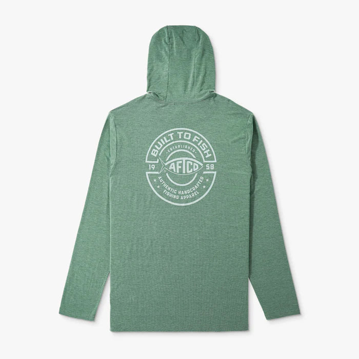 green shirt that says built to fish on the back over a white background