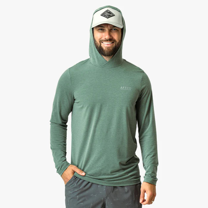 Man wearing a green hoodie with a brand logo on a white background