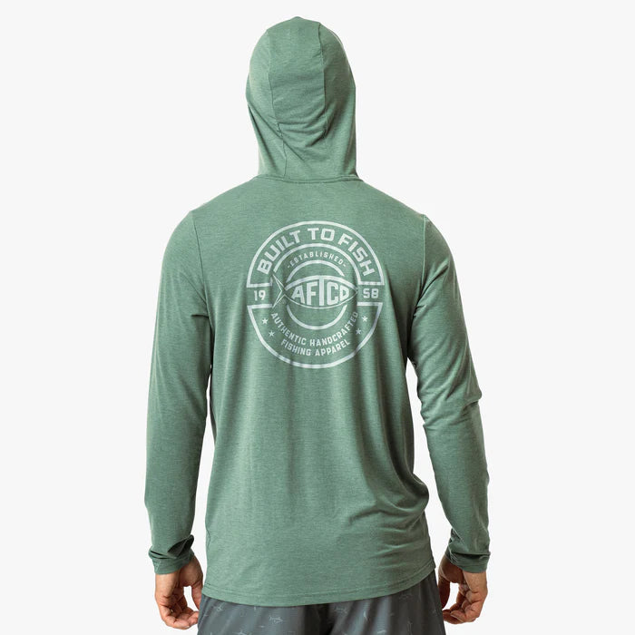 Green hoodie with 'Built to Fish' logo on the back, worn by a person.