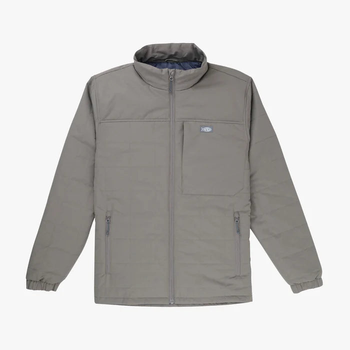 Gray jacket with a brand logo on a white background