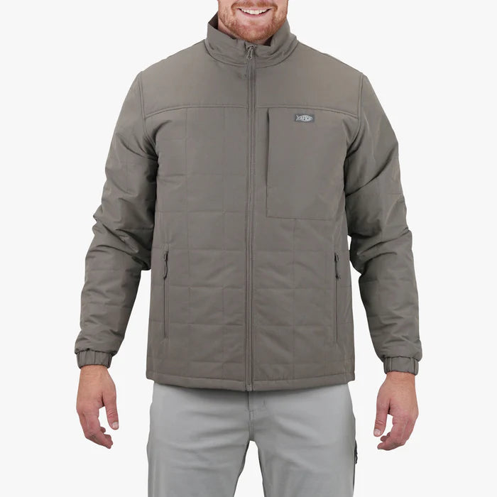 Man wearing a gray jacket on a white background