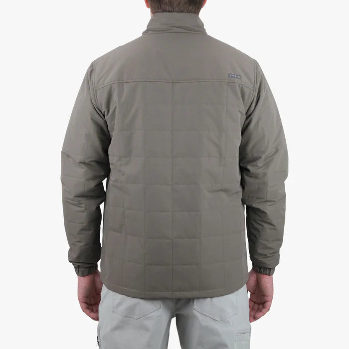 Man wearing a gray jacket on a white background