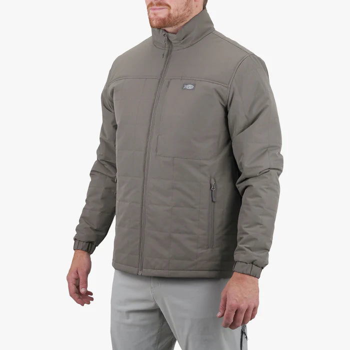 Man wearing a gray jacket on a white background