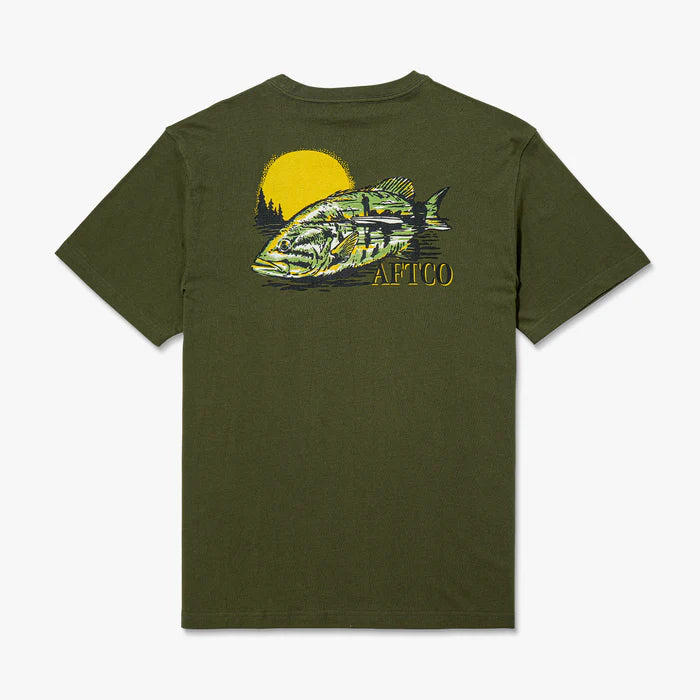 green shirt with fish and sun logo on a white background