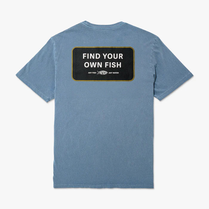 blue shirt with find your own fish logo on a white background