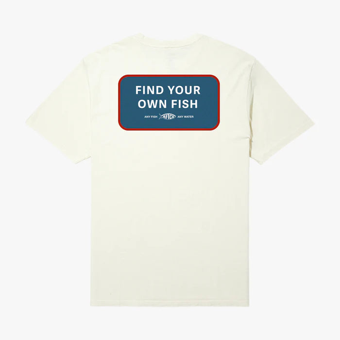 white shirt with find your own fish logo on a white background