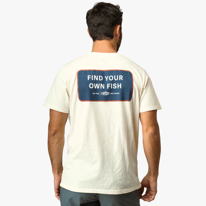 man wearing a white shirt that says find your own fish on a white background
