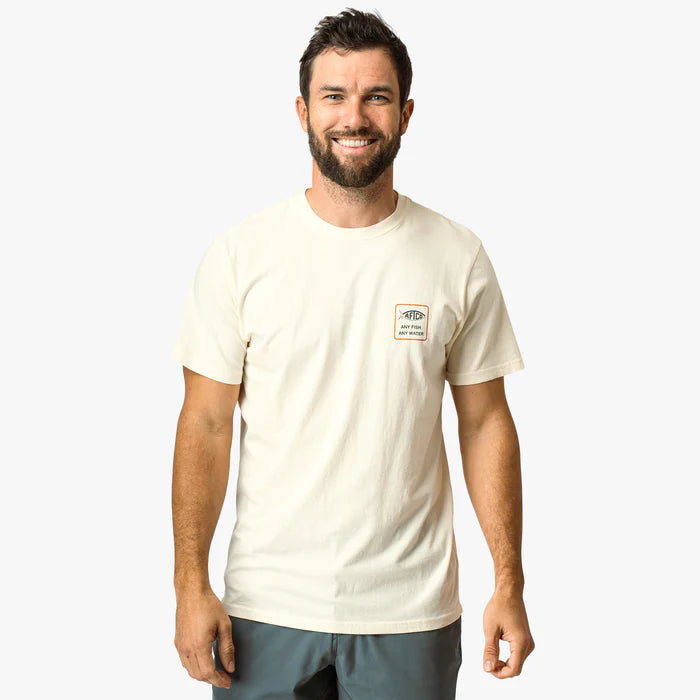 man wearing white shirt with logo on a white background