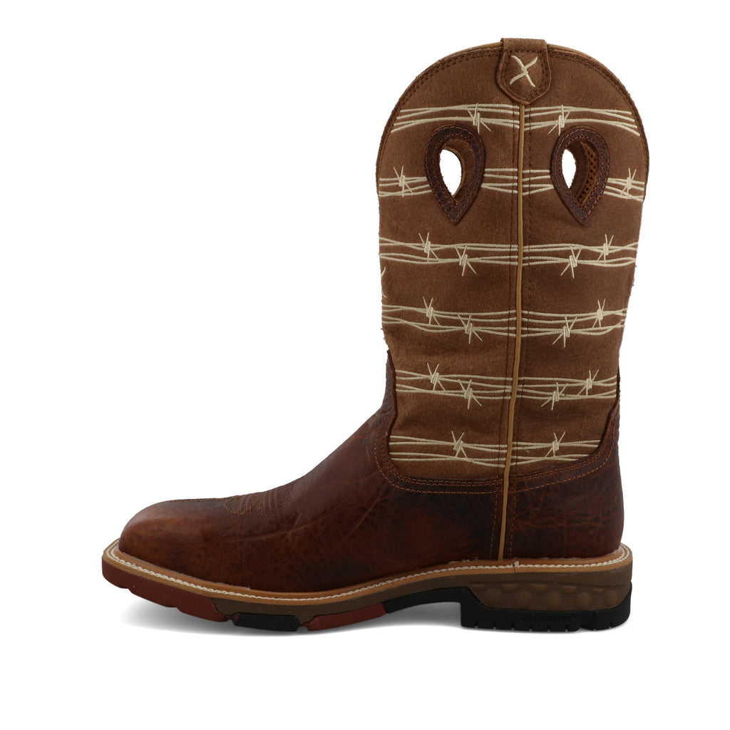 brown boots with barbed wire design on a white background