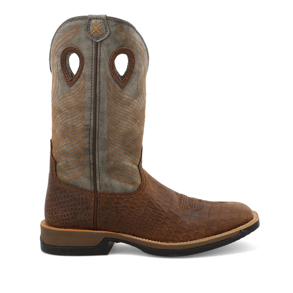 Brown cowboy boot with embossed pattern on a white background