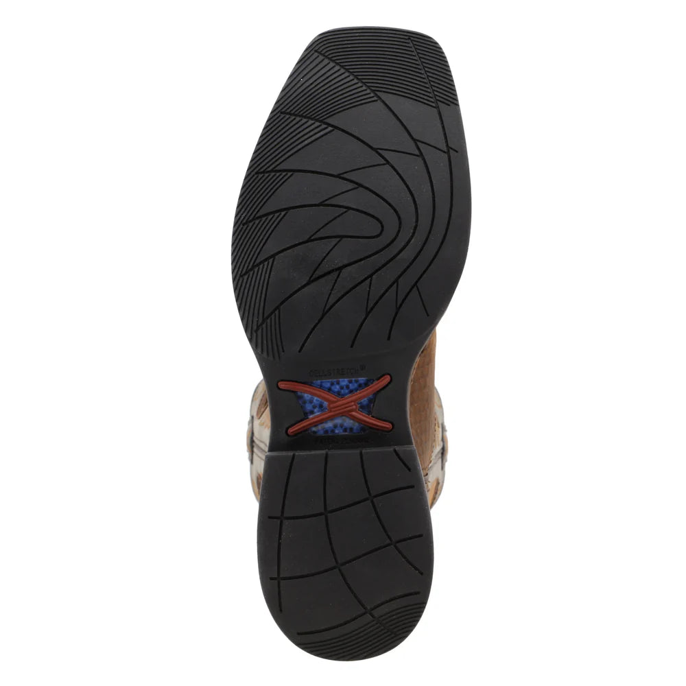 Close-up of a boot sole with tread pattern and brand logo on a white background