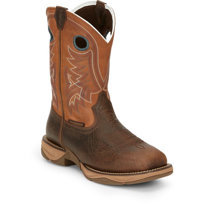 Brown cowboy boot with intricate stitching on a white background