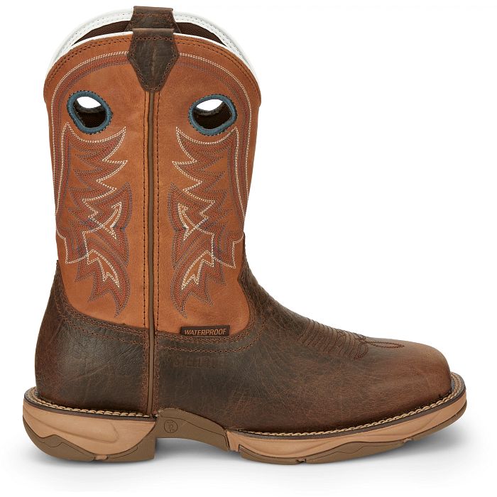 Brown cowboy boot with white sole on a white background