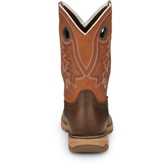 Brown cowboy boot with white sole on a white background