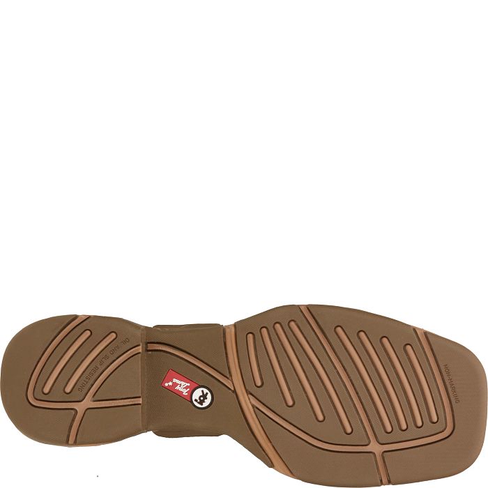 Brown shoe sole with a visible brand logo on a white background