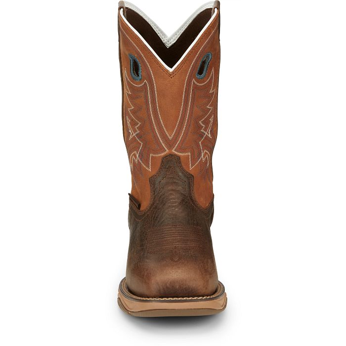 Brown cowboy boot with white stitching on a white background