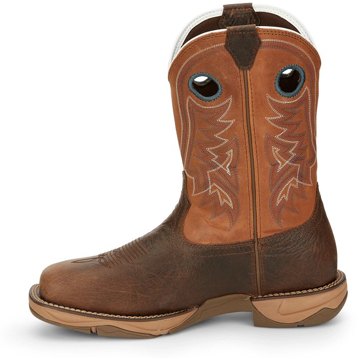 Brown cowboy boot with intricate stitching on a white background