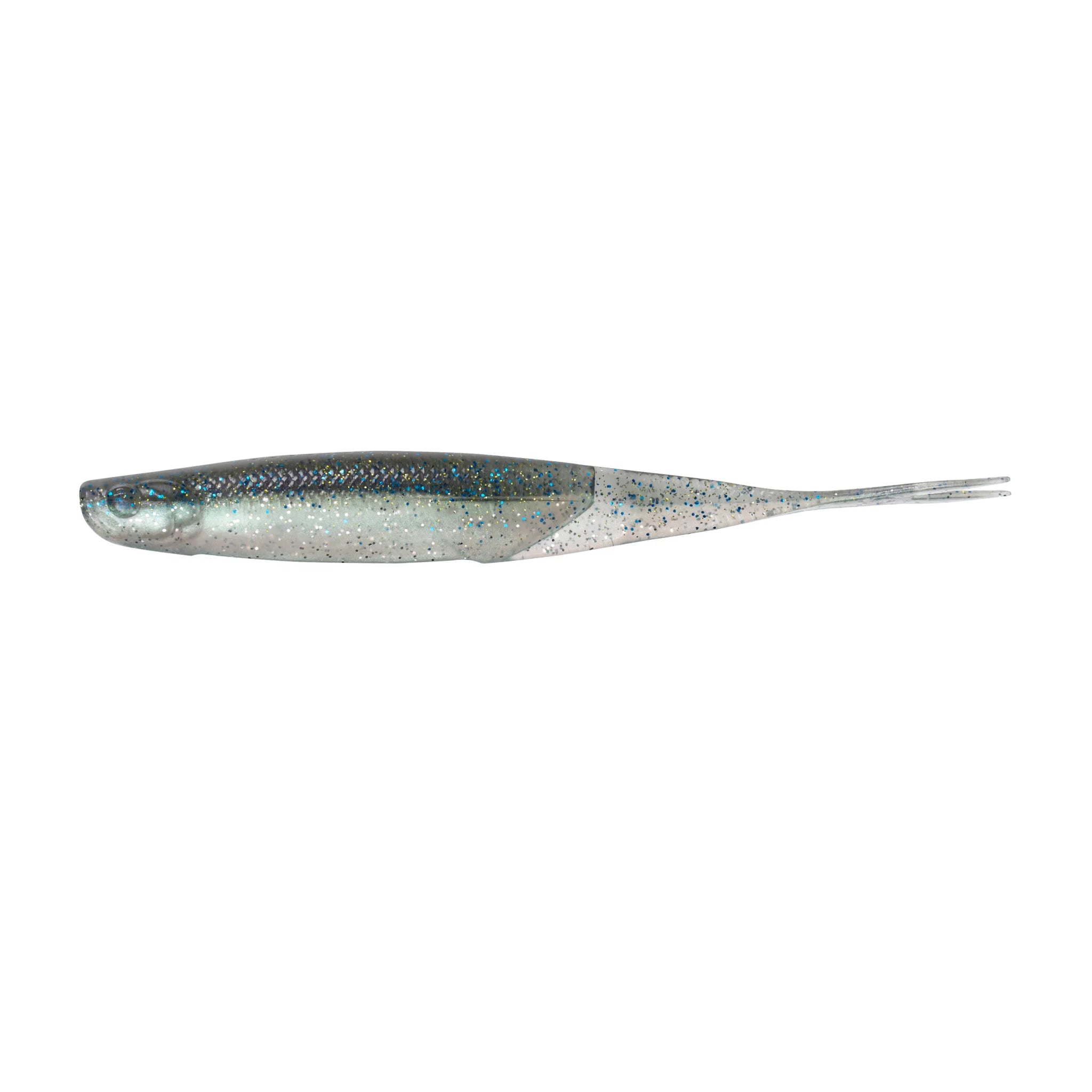 Fishing lure with a silver and black pattern on a white background