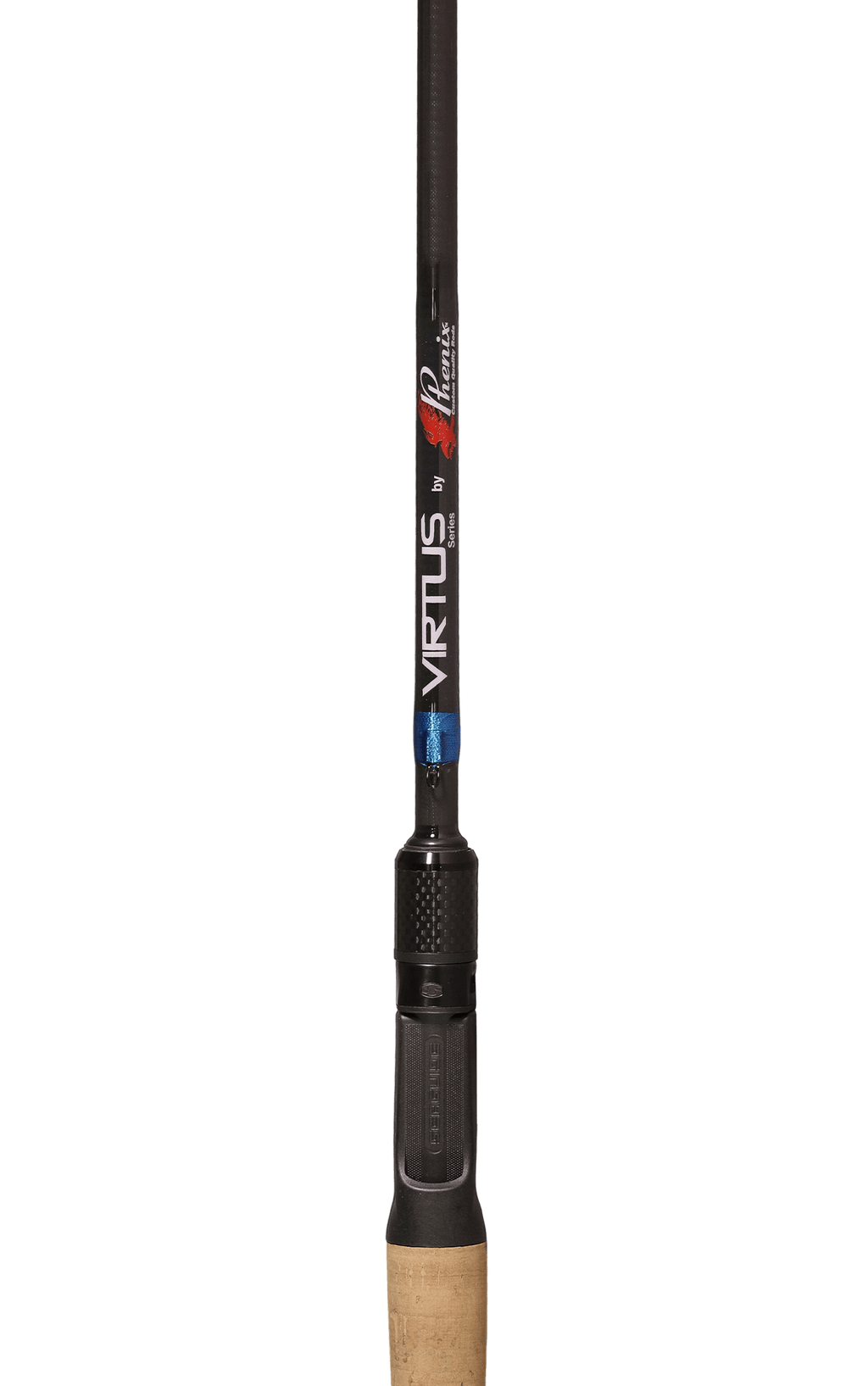 Fishing rod with 'Virtus' branding on a black background