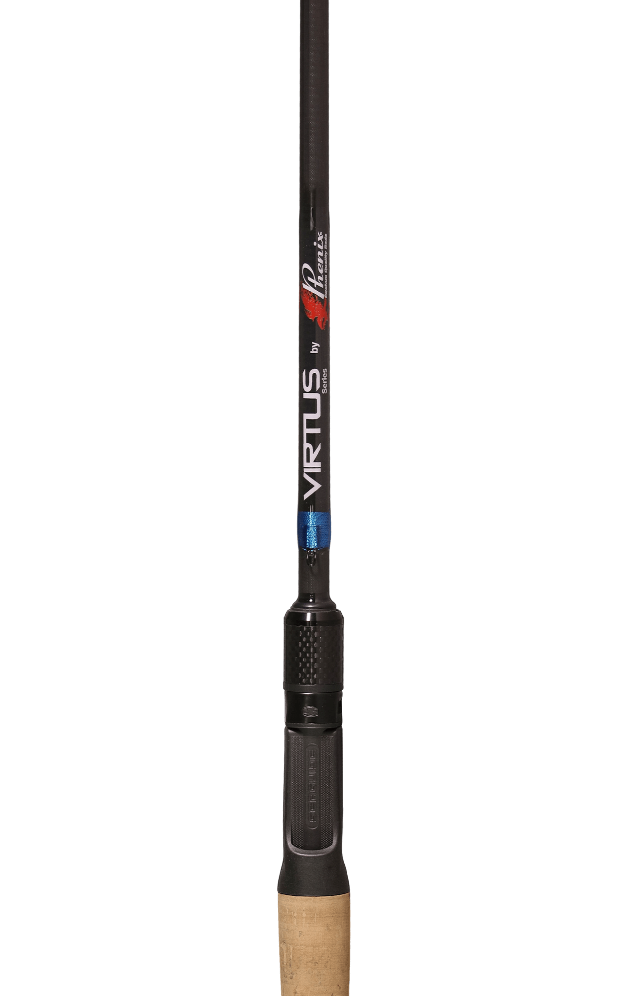 Fishing rod with 'Virtus' branding on a black background