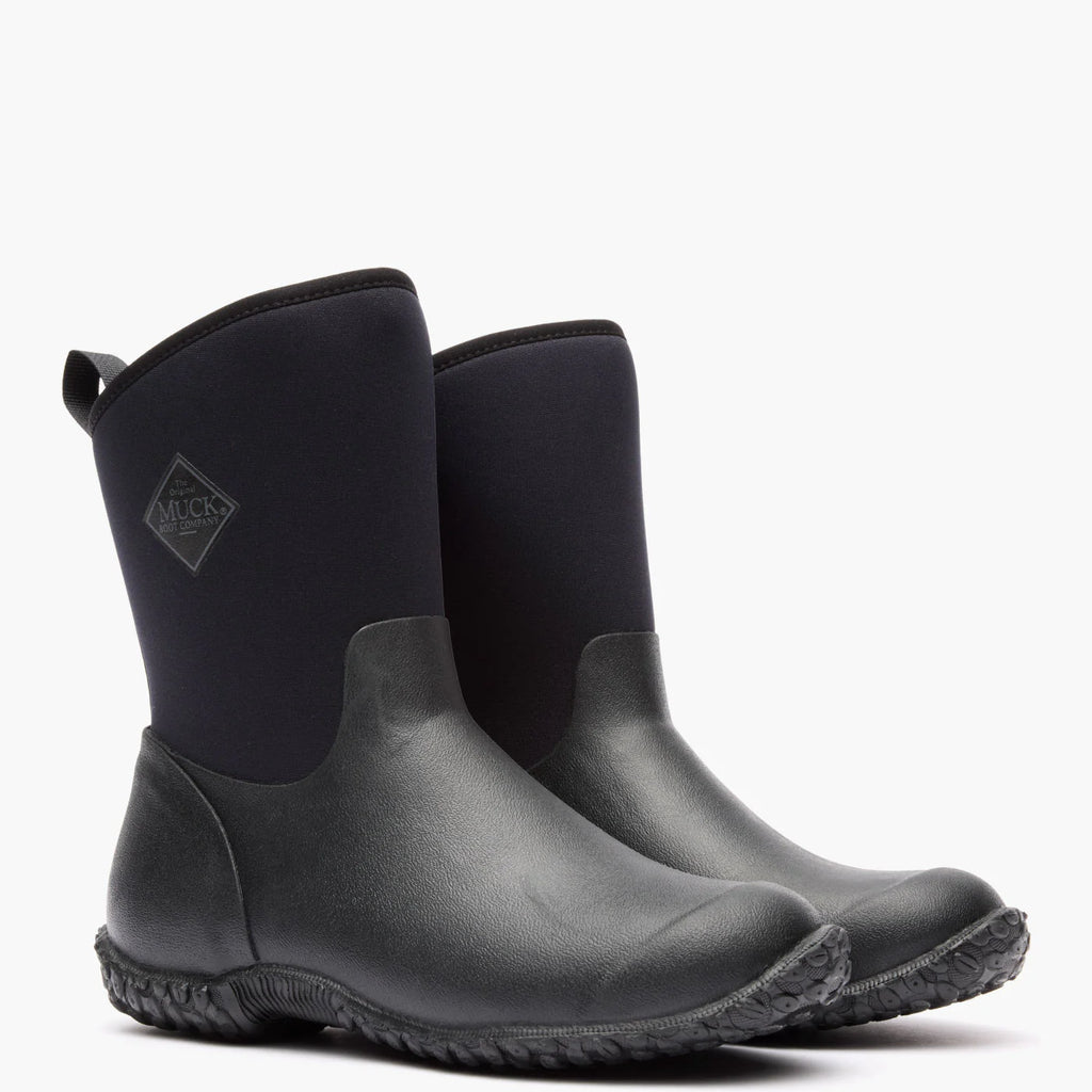 Pair of black rubber boots with a visible brand logo on a white background