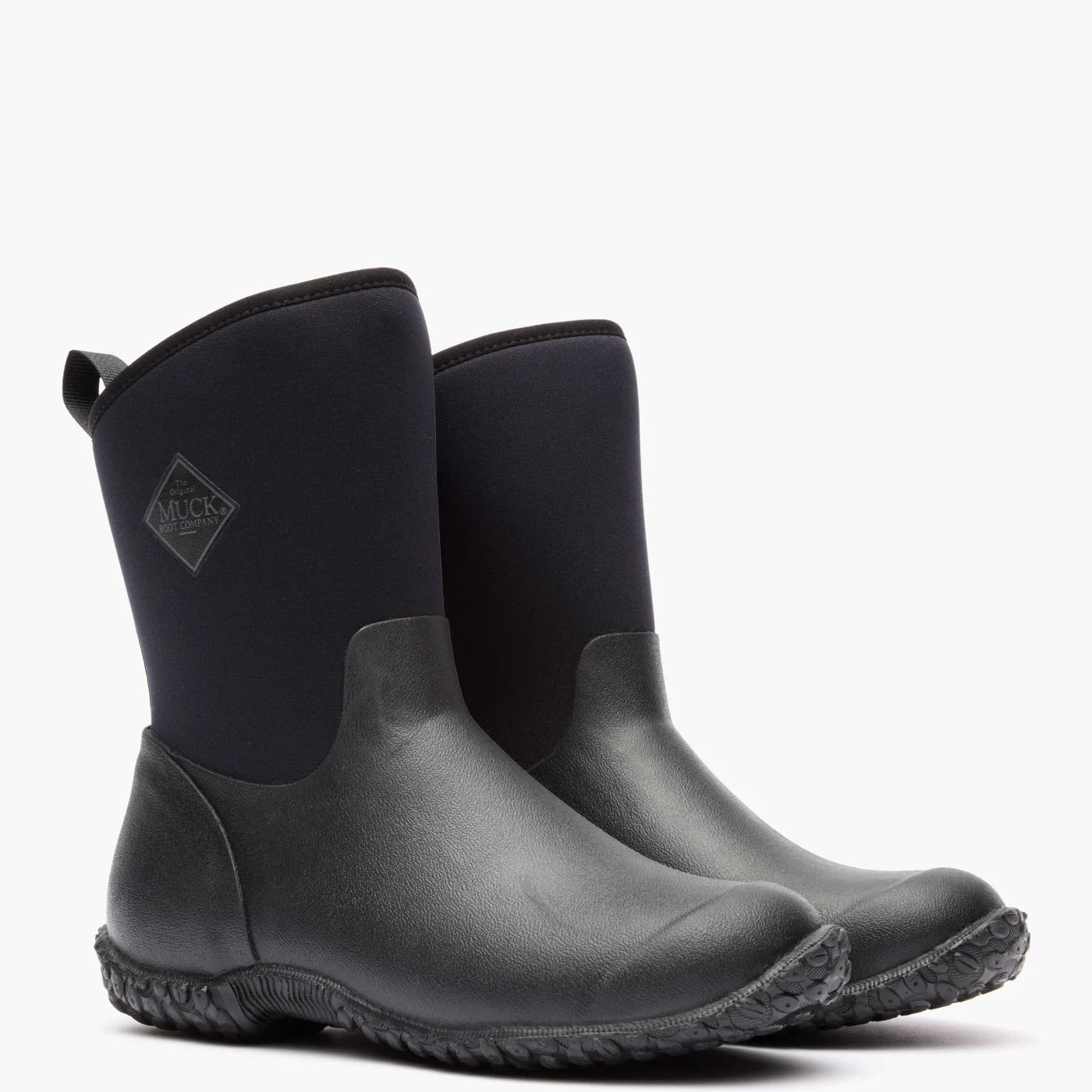 Pair of black rubber boots with a visible brand logo on a white background