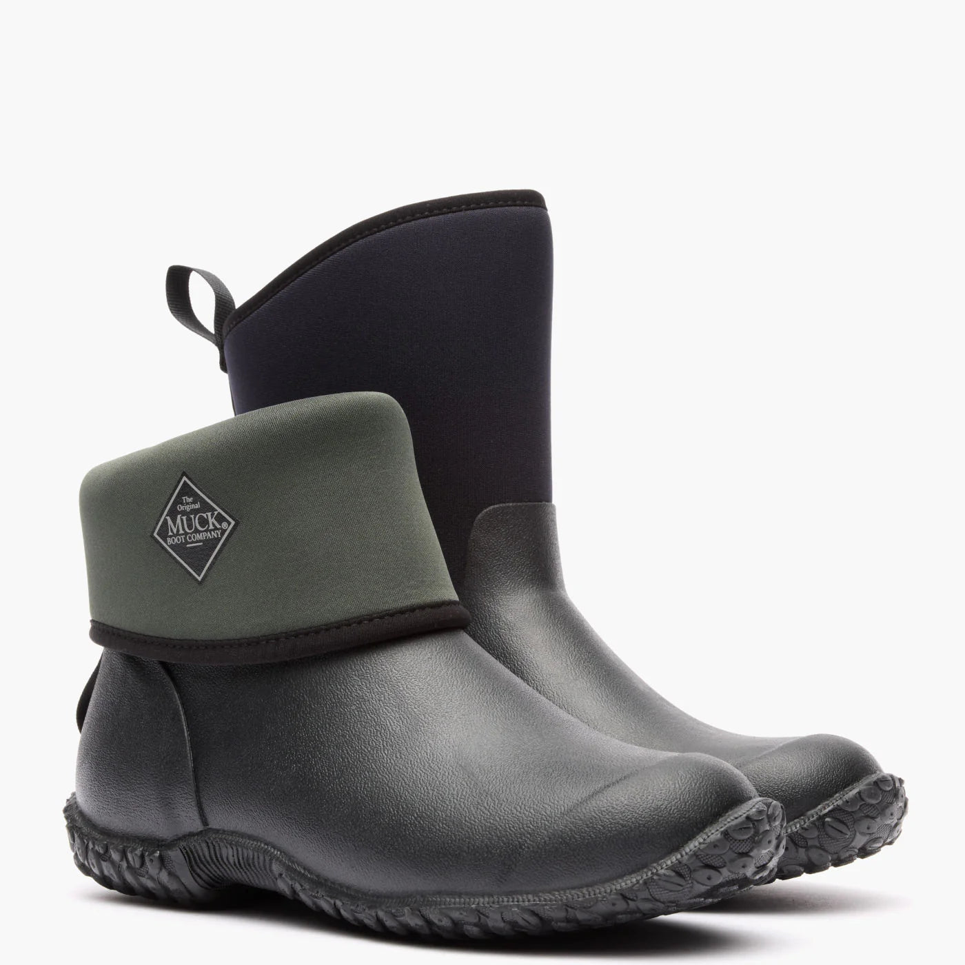 Pair of black rubber boots with a visible brand logo on a white background