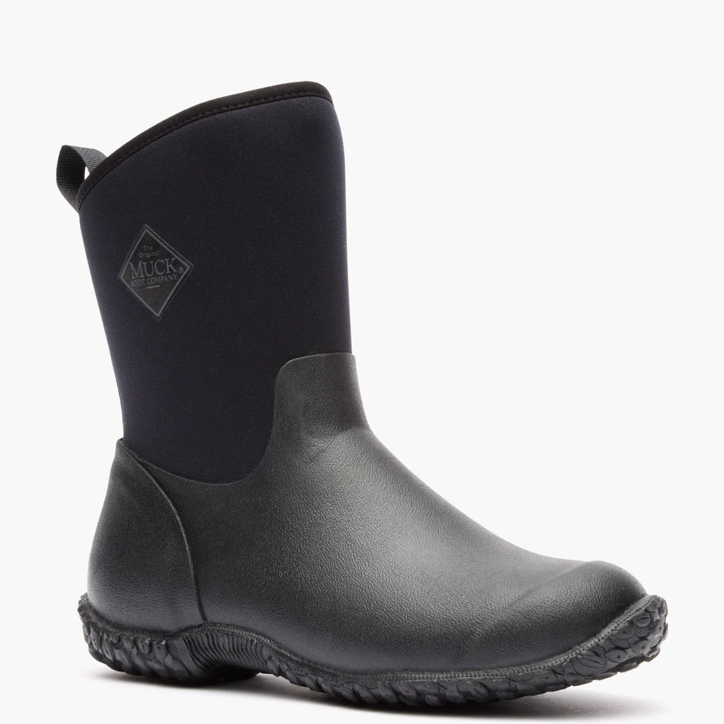 Black rubber boot with a visible brand logo on a white background