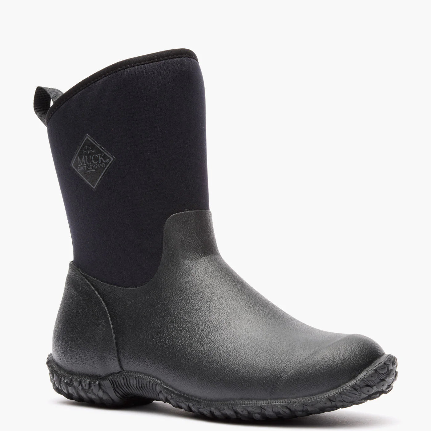 Black rubber boot with a visible brand logo on a white background
