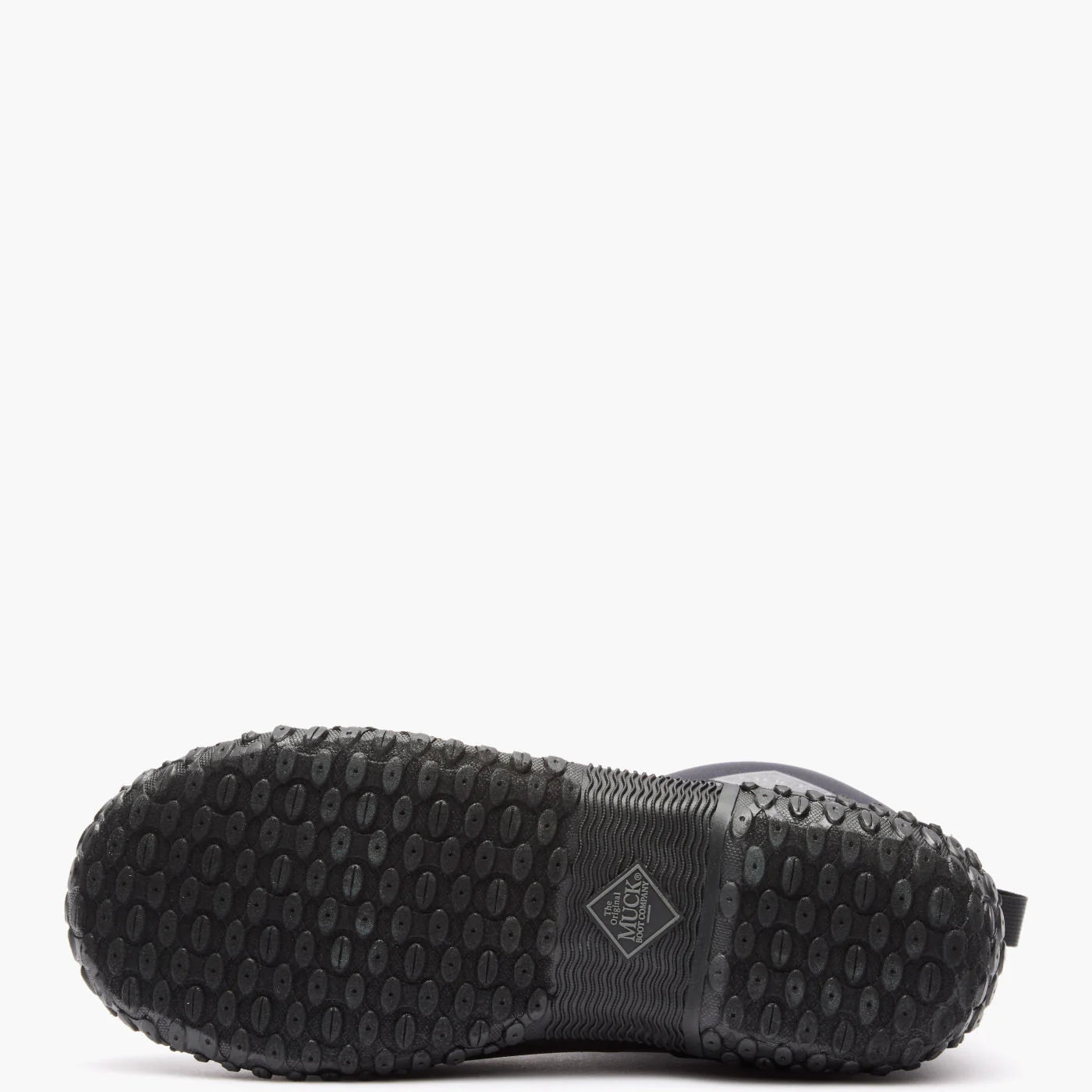Black shoe with textured sole on a white background