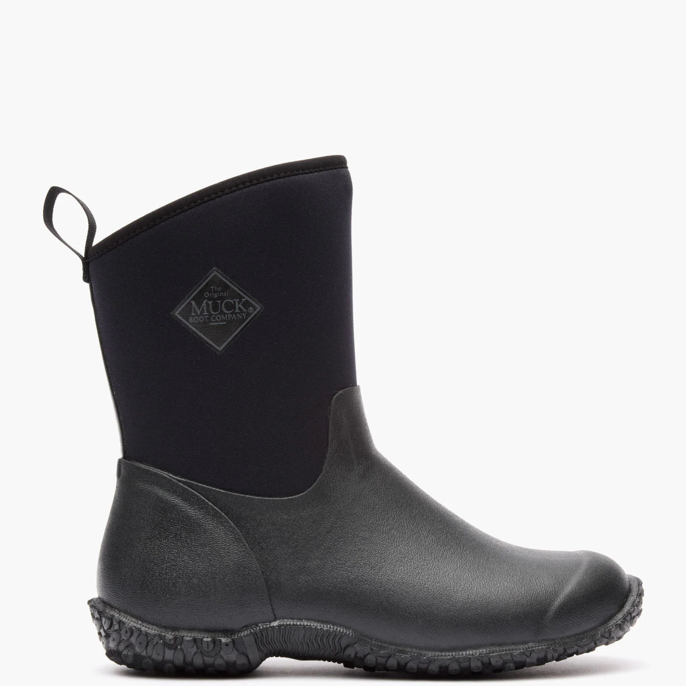 Black rubber boot with Muck boot logo on a white background