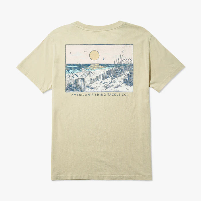 white shirt with a scenic beach scene on a white background