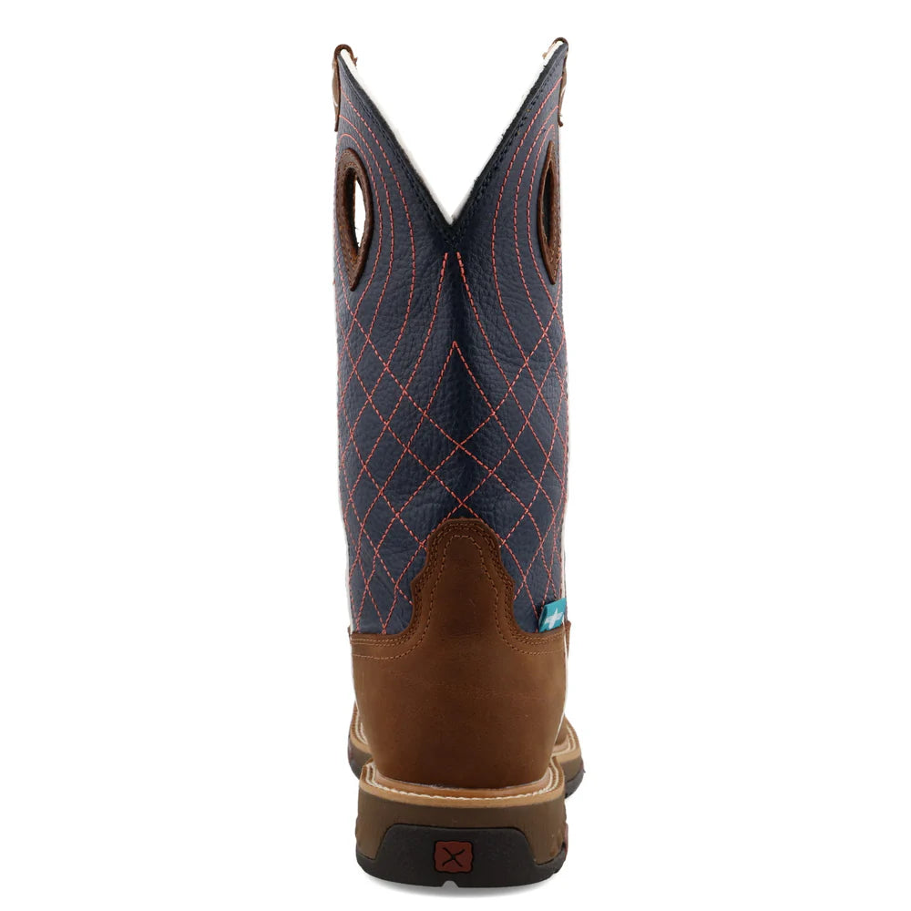 Brown and blue cowboy boot with diamond pattern on a white background