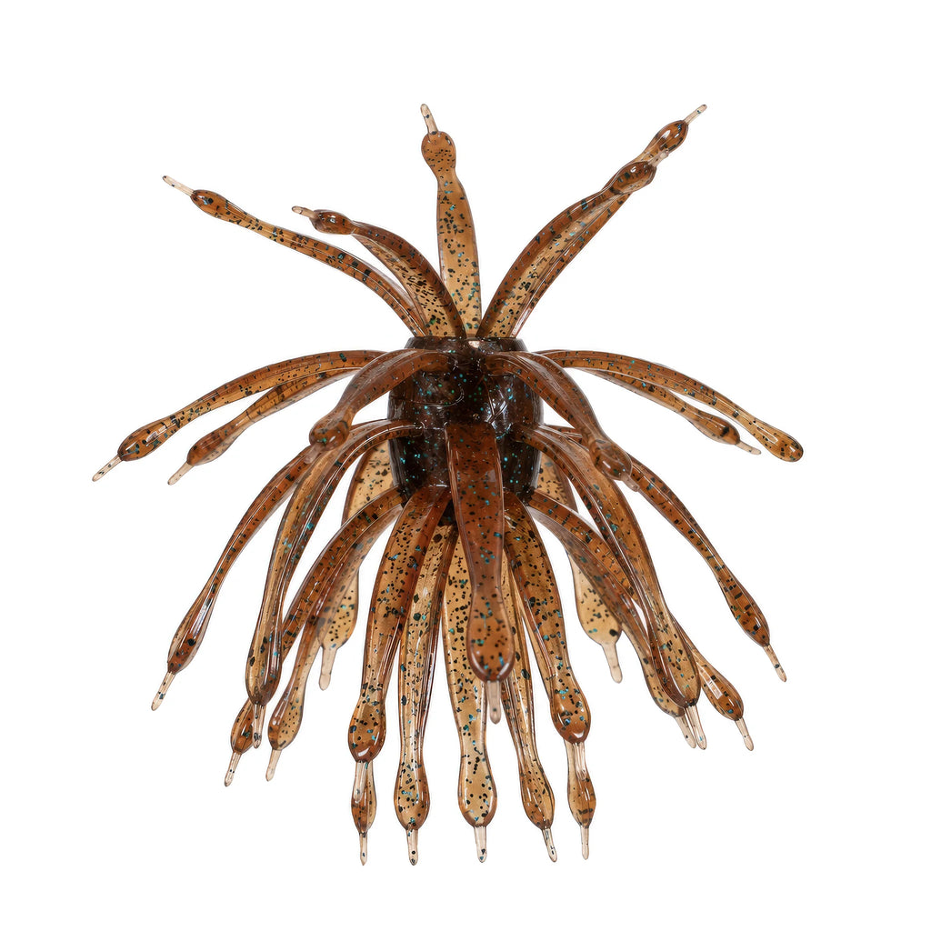 brown fishing lure resembling a spider on a white background
