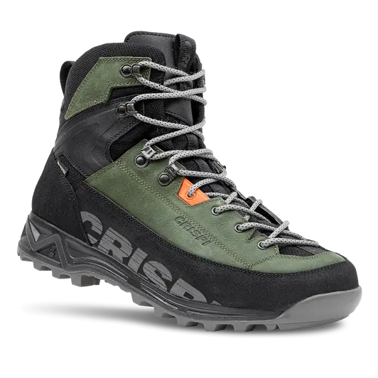 Green and black hiking boot with visible brand name on a white background