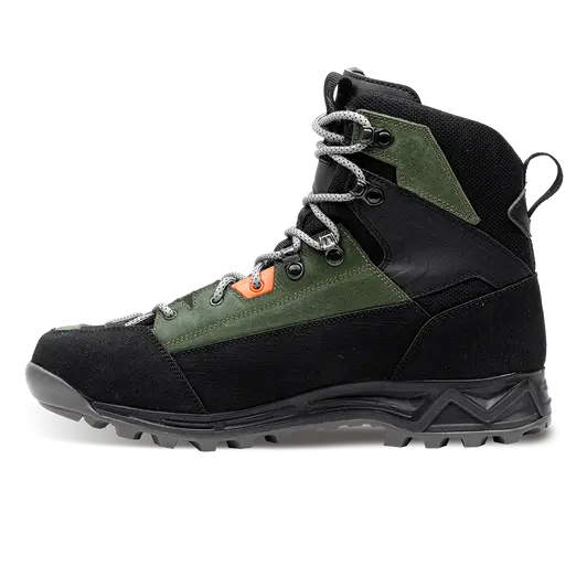 Black and green hiking boot on a white background