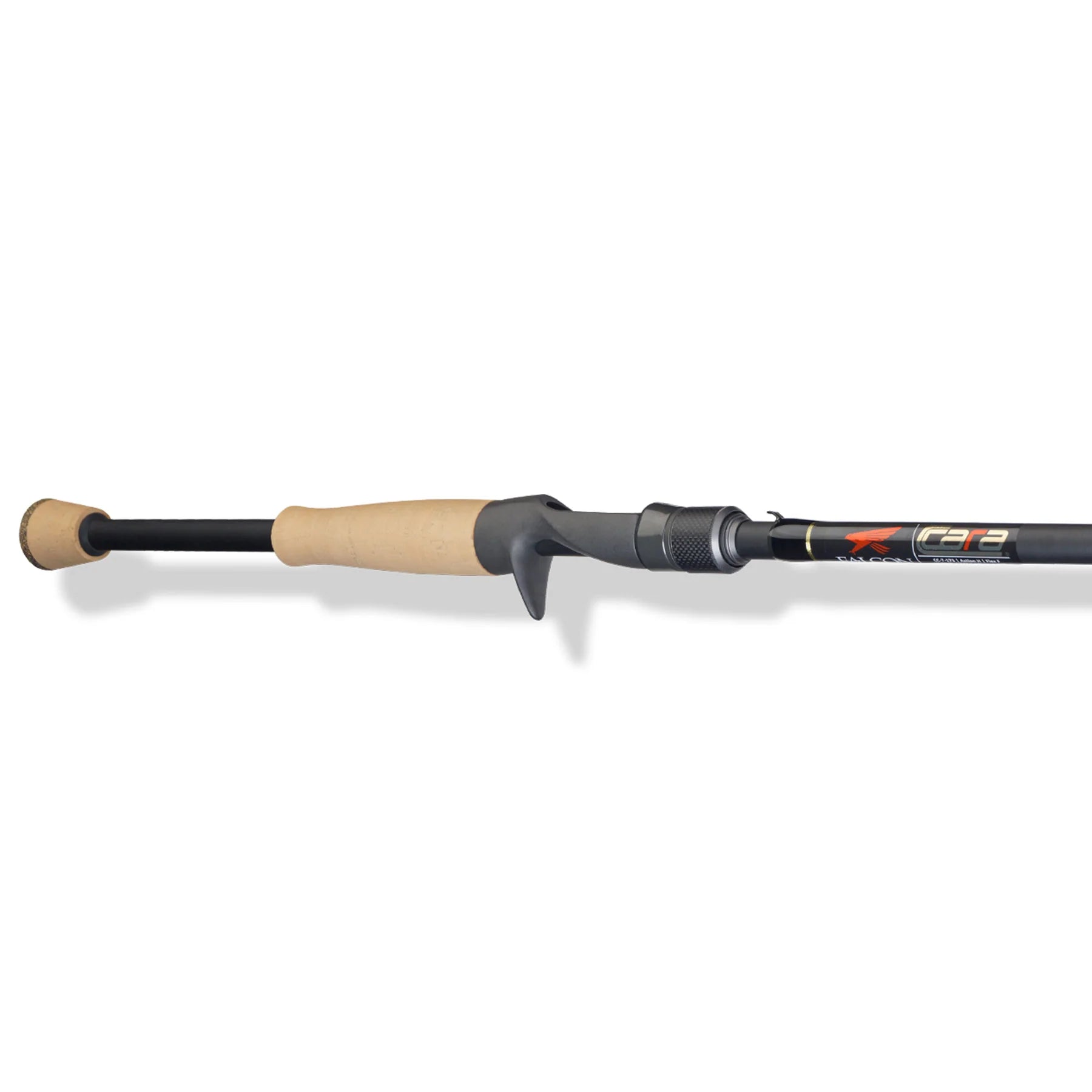 fishing rod with cork handles and falcon cara logo on a white background