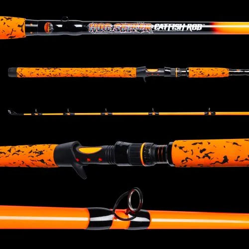 Orange and black fishing rod with visible branding on a black background