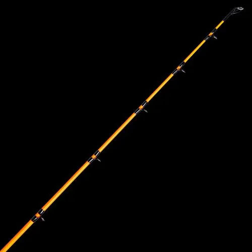 Fishing rod with orange handle and black sections on a black background
