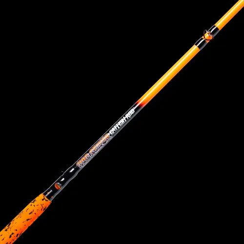Fishing rod with orange and black design on a black background