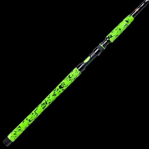 Fishing rod with green and black pattern on a white background