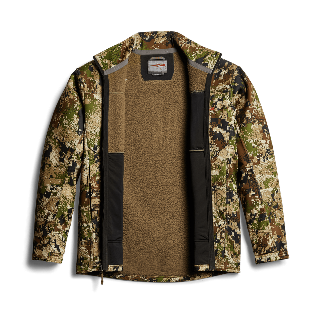 Camouflage jacket with a brown fleece lining on a white background