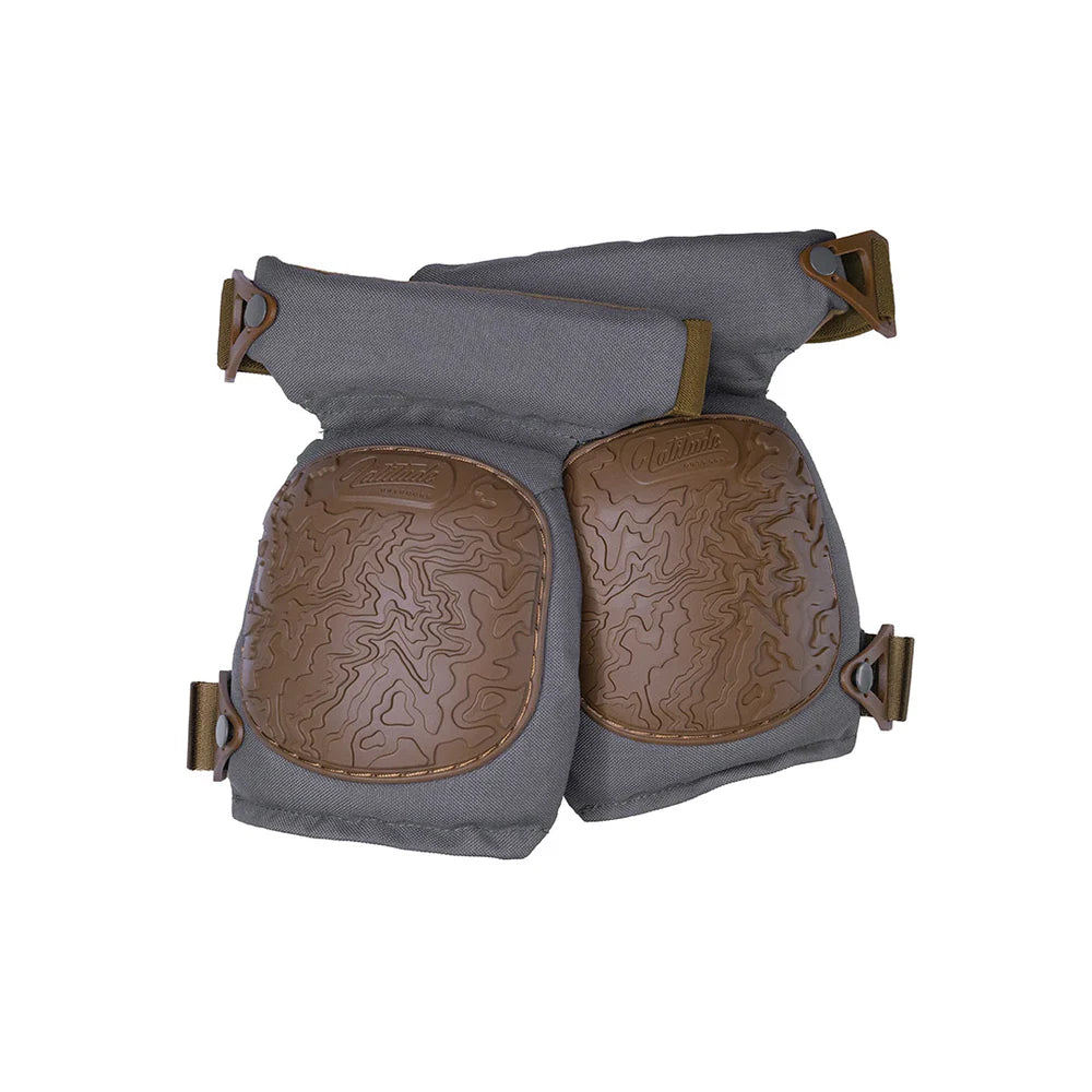 Gray knee pads with brown impact pads on a white background