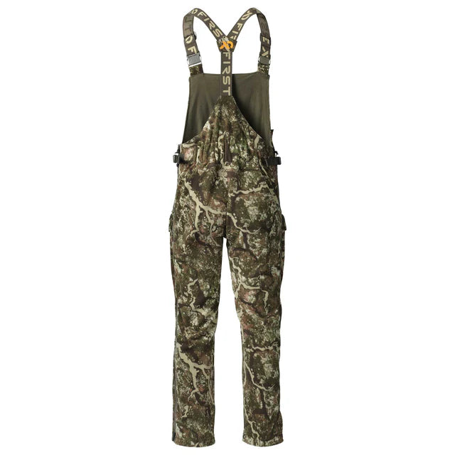 Camouflage hunting bib overalls on a white background