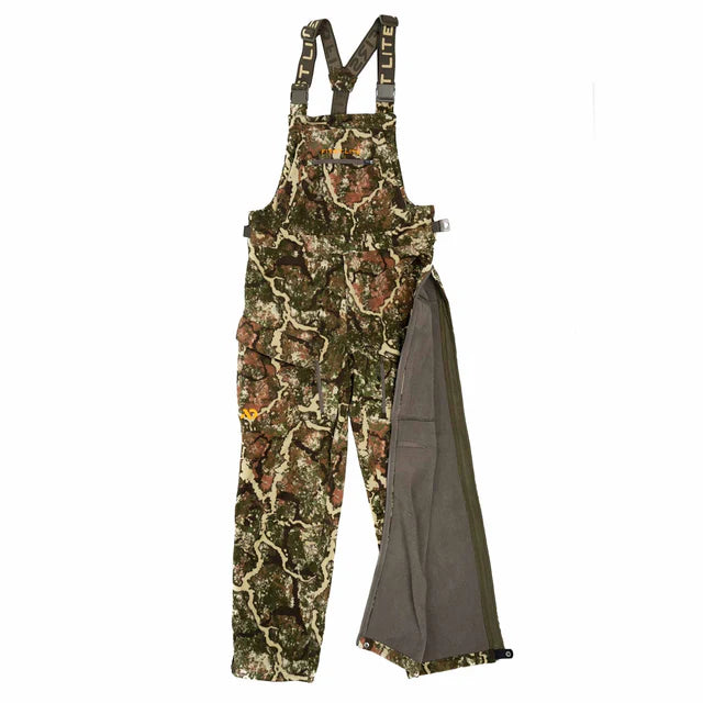 Camouflage hunting bib overalls with a jacket on a white background